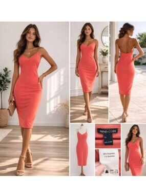 MIND CODE Coral Bodycon Midi Dress – Size L